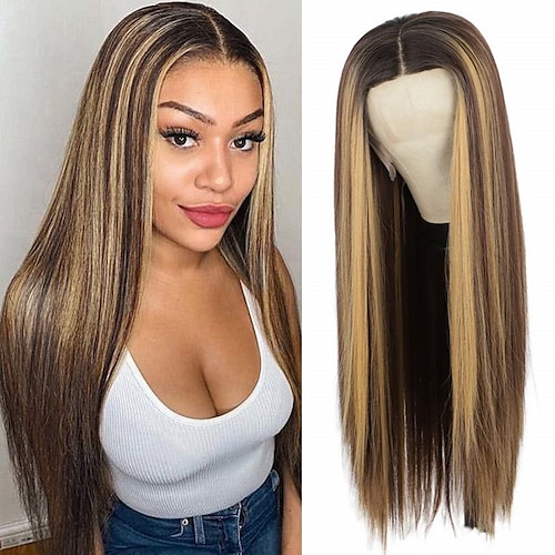 

13x3 Lace Wig Long Straight Highlight Synthetic Lace Front Wig for Fashion Women Brown Mixed Blonde Heat Resistant Glueless Lace Front Wigs