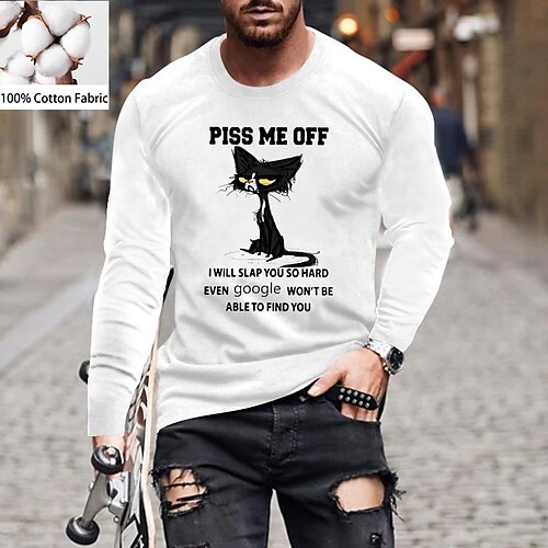 

Men's Unisex T shirt Tee Cat Letter Crew Neck Green White Gray Navy Blue Long Sleeve Hot Stamping Outdoor Street Print Tops Cotton Basic Sports Designer Simple
