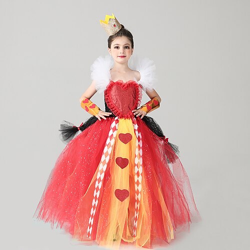 

Alice in Wonderland The Red Queen Outfits Tutu Girls' Movie Cosplay Princess Sweet Red Dress Tiaras Wrist Brace Masquerade Organza