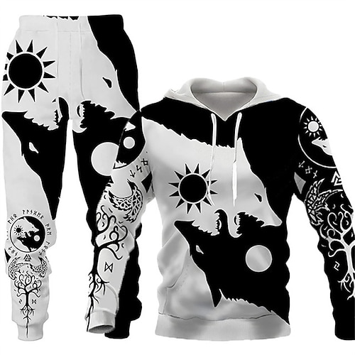 

Men's Tracksuit Hoodies Set Black And White Hooded Graphic Animal Wolf 2 Piece Print Sports Outdoor Casual Sports 3D Print Basic Streetwear Designer Fall Spring Clothing Apparel Hoodies Sweatshirts