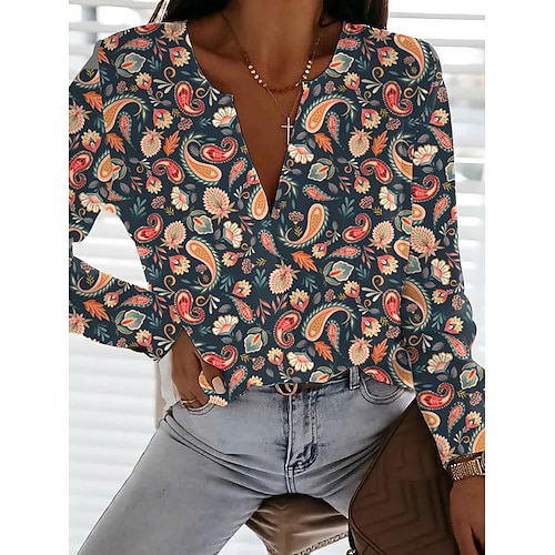 

Women's Shirt Paisley Holiday Weekend Floral Shirt Long Sleeve Print V Neck Casual Streetwear Navy Blue S / 3D Print