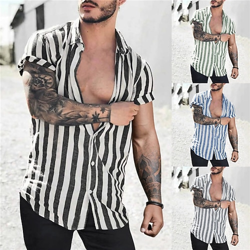 

Men's Shirt 3D Print Striped Turndown Street Casual Button-Down Print Short Sleeves Tops Designer Casual Fashion Breathable Green Black Blue / Summer