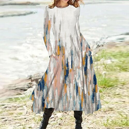 

Women's Casual Dress Swing Dress Midi Dress Blue Yellow Gray Long Sleeve Floral Pocket Winter Fall Autumn Winter Dress Fall Dress 2022 S M L XL XXL 3XL