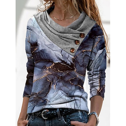 

Women's T shirt Tee Gray Graphic Geometric Button Print Long Sleeve Casual Weekend Basic Pile Neck Regular Abstract Painting S / V Neck / V Neck