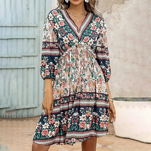 

Women's A Line Dress Short Mini Dress Orange Beige 3/4 Length Sleeve Floral Print Fall Winter V Neck Stylish Boho 2022 S M L XL XXL 3XL