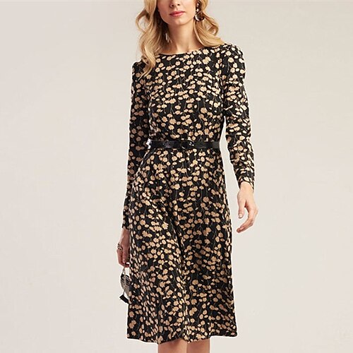 

vestido casual de mujer vestido de una línea vestido floral vestido hasta la rodilla negro manga larga floral fruncido invierno otoño cuello redondo elegante vestido de invierno fin de semana vestido