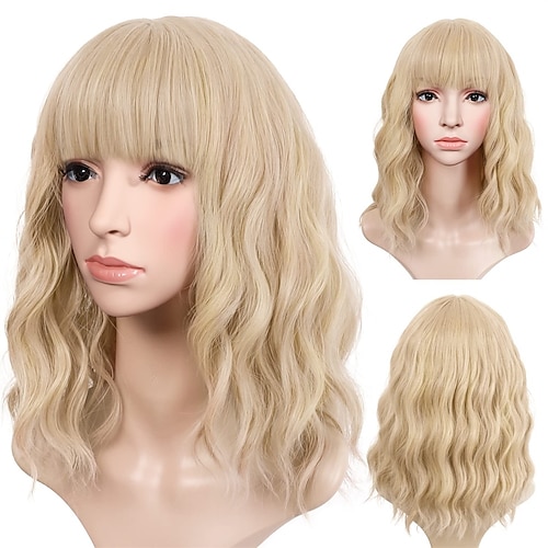 

Blonde Wig with Bangs 14 Blonde Wig Human Hair Synthetic Shoulder Length Glueless Wavy Curly Bob Blonde Wigs Natural Looking Heat Resistant Human for Girl Daily Party Use