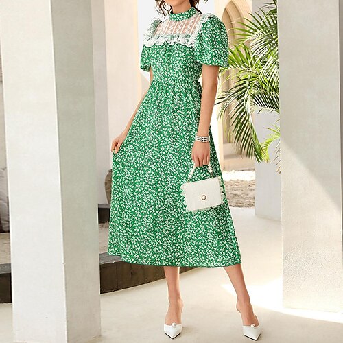 

Women's Casual Dress Swing Dress Floral Dress Midi Dress Green Short Sleeve Hollow Out Fall Spring Summer Crew Neck Fashion Weekend Slim 2022 S M L XL