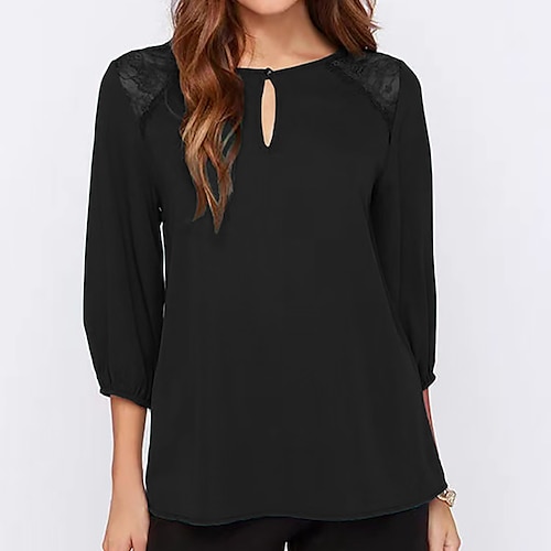 

Women's Blouse Plain Daily Weekend Blouse Shirt 3/4 Length Sleeve Lace Patchwork Round Neck Casual Streetwear Black Wine S