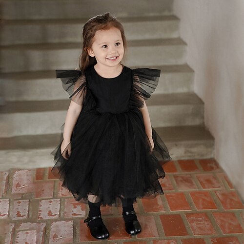 

Kids Little Girls' Dress Solid Colored A Line Dress School Performance Black Midi Short Sleeve Beautiful Cute Dresses Spring Summer Regular Fit 3-10 Years