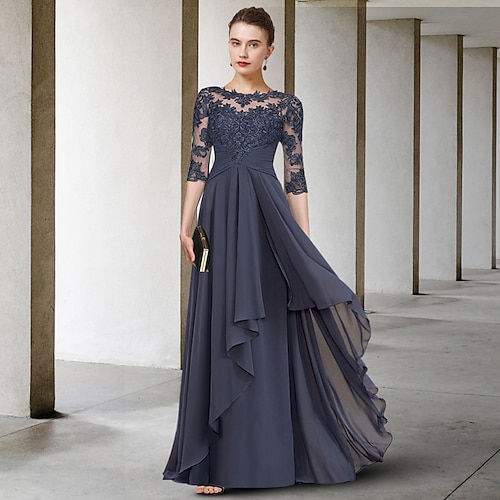 

A-linje Kjole til brudens mor Plusstørrelse Elegant Besmykket Gulvlengde Chiffon Blonder 3/4 ermer med Plissert Bølgemønster Appliqué 2023
