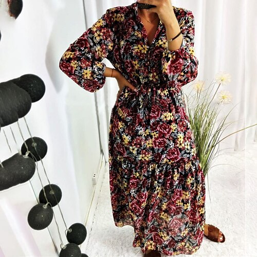 

Women's A Line Dress Floral Dress Midi Dress Blue Purple Red Long Sleeve Floral Ruched Print Fall Winter V Neck Casual 2022 S M L XL XXL