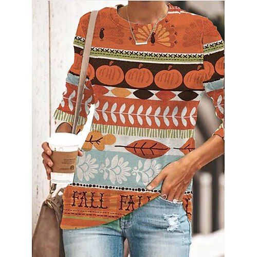 

Women's T shirt Tee Orange Leaf Pumpkin Print Long Sleeve Halloween Weekend Basic Round Neck Regular Painting S / 3D Print