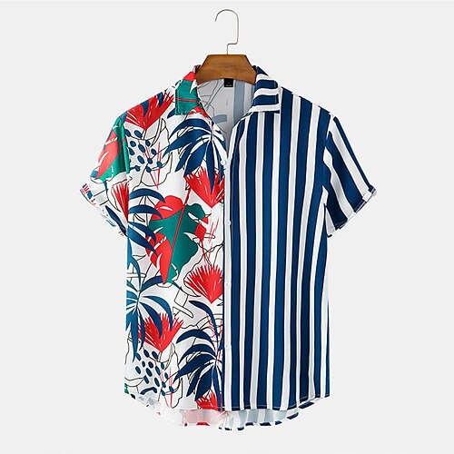 

Men's Shirt 3D Print Floral Striped Turndown Street Casual Button-Down Print Short Sleeves Tops Designer Casual Fashion Breathable Gray Yellow Navy Blue / Summer