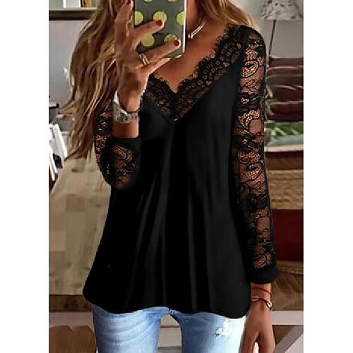 

Women's Shirt Plain Daily Weekend Shirt Long Sleeve Lace Patchwork V Neck Casual Streetwear Navy ArmyGreen White S