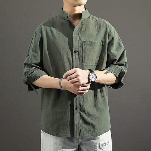 

Men's Shirt Solid Color Stand Collar Army Green White Black Daily Holiday Long Sleeve Button-Down Clothing Apparel Cotton Fashion Lightweight Casual Comfortable / Spring / Beach