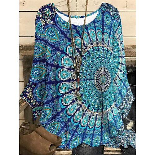

Women's Plus Size Tops Blouse Shirt Floral Striped Print Long Sleeve Round Neck Casual Daily Vacation Polyester Fall Winter Blue LightBlue / Graphic