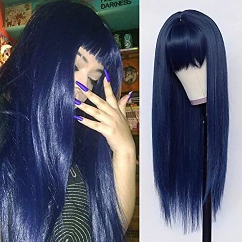 

Synthetic Replacement Hair Wig With Bangs Blue Color Heat Resistant No Lace Wigs for Fashion Women