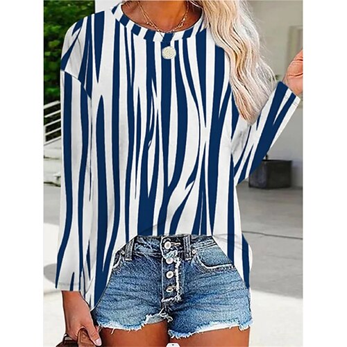 

Women's T shirt Tee Graphic Patterned Casual Daily Holiday T shirt Tee Long Sleeve Patchwork Print Round Neck Basic Blue S / 3D Print