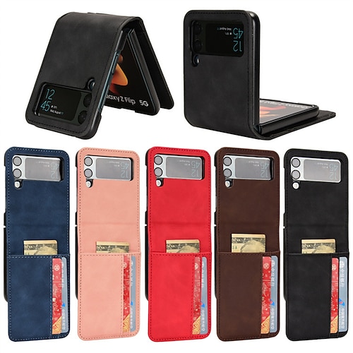 

Phone Case For Samsung Galaxy Leather Z Flip 4 Bumper Frame Dustproof Card Holder Slots Solid Colored TPU PU Leather