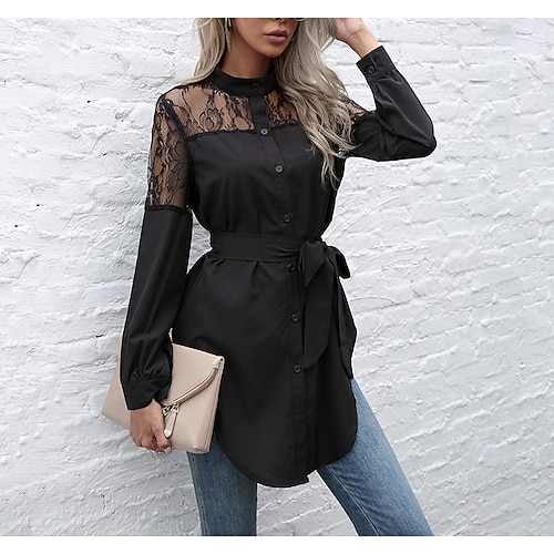 

Women's Blouse Plain Daily Weekend Blouse Shirt Long Sleeve Lace Patchwork Button Shirt Collar Casual Streetwear Black Wine Army Green S