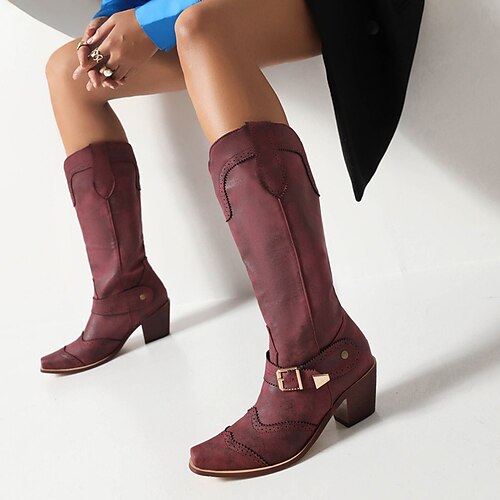 

Women's Boots Cowboy Boots Mid Calf Boots Buckle Chunky Heel Square Toe Vintage Daily PU Leather Buckle Fall Winter Solid Colored Wine Almond Black