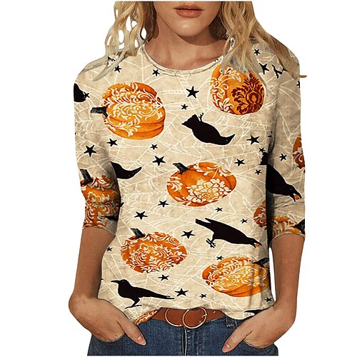 

Women's T shirt Tee White Yellow Orange Skull Cat Print Long Sleeve Halloween Weekend Basic Round Neck Regular Painting S