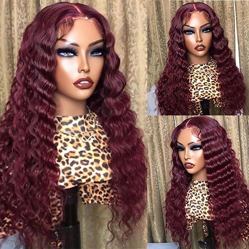 

Remy Human Hair 13x4 Lace Front Wig Free Part Brazilian Hair Wavy Deep Wave Burgundy Wig 130% 150% Density with Baby Hair Highlighted / Balayage Hair Natural Hairline 100% Virgin Pre-Plucked For