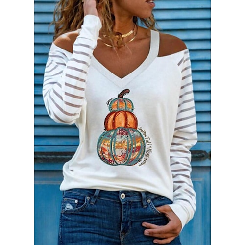 

Women's T shirt Tee Khaki Orange Red Leopard Plaid Cut Out Print Long Sleeve Halloween Weekend Basic V Neck Regular Painting S