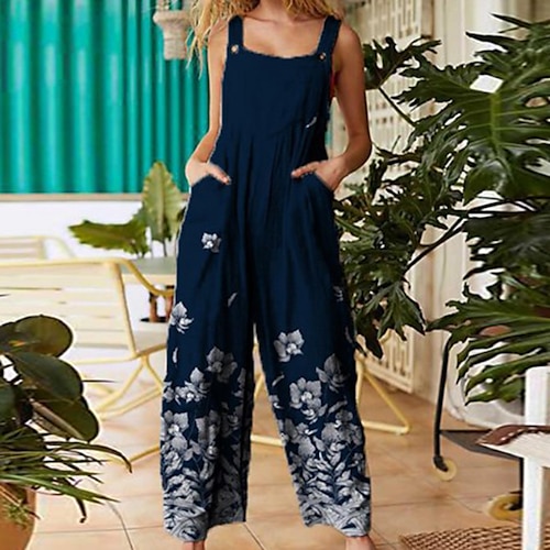 

damen-overall hohe taille druck blumen eckiger ausschnitt streetwear ausgehen regular fit ärmellos hellblau xxl herbst