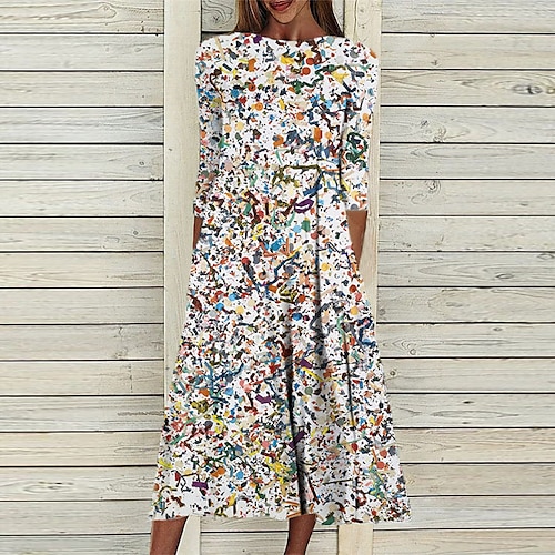 

Women's Shift Dress Midi Dress White Blue Rainbow 3/4 Length Sleeve Floral Print Ruched Print Fall Winter Crew Neck Casual Vacation 2022 S M L XL XXL 3XL