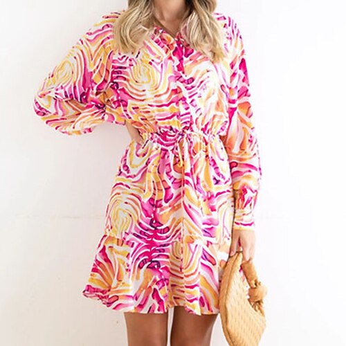

Women's Casual Dress Shirt Dress Short Mini Dress Green Blue Pink Long Sleeve Floral Ruffle Print Fall Spring Shirt Collar Casual Vacation 2022 S M L XL XXL