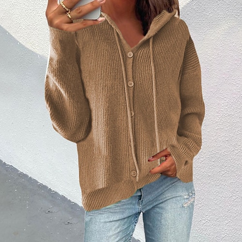 

Women's Pullover Sweater Cardigan Sweater Jumper Ribbed Knit Knitted Pure Color Hooded Stylish Casual Daily Going out Fall Winter Coffee S M L / Long Sleeve / Regular Fit