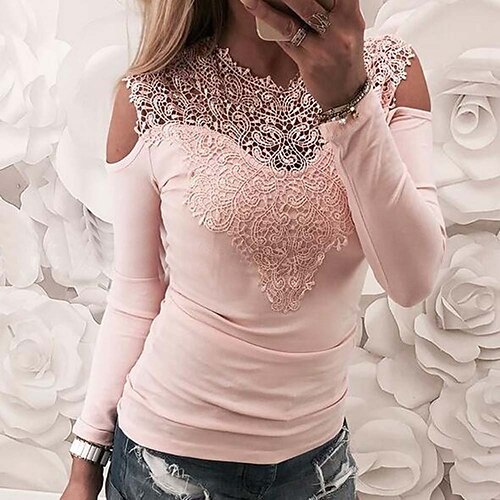 

Women's Shirt Plain Daily Weekend Shirt Long Sleeve Cut Out Lace Patchwork Round Neck Streetwear White Black Pink S