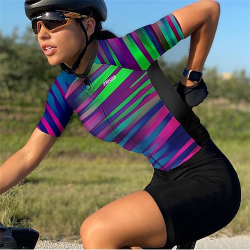 

21Grams Women's Cycling Jersey Short Sleeve Bike Top with 3 Rear Pockets Mountain Bike MTB Road Bike Cycling Breathable Quick Dry Moisture Wicking Reflective Strips Green Stripes Polyester Spandex