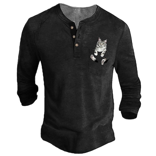 

Men's T shirt Tee Henley Shirt Tee Graphic Cat Henley Black Long Sleeve 3D Print Plus Size Outdoor Daily Button-Down Print Tops Designer Casual Classic Big and Tall / Summer / Spring / Summer