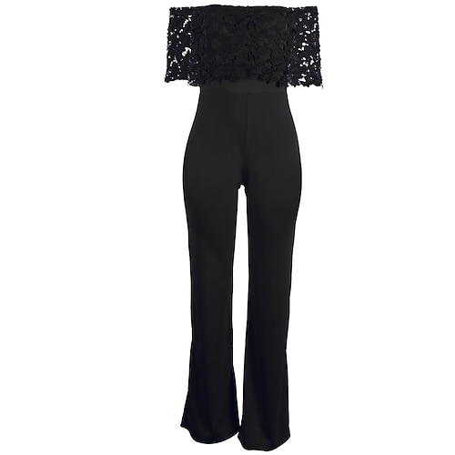 

Women's Jumpsuit Backless Lace Solid Color Off Shoulder Elegant Going out Regular Fit Short Sleeve Black S M L Fall