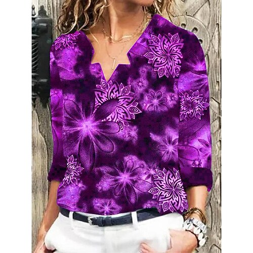 

Women's Shirt Blouse Black Red Blue Flower Print Long Sleeve Daily Weekend Casual V Neck Regular S