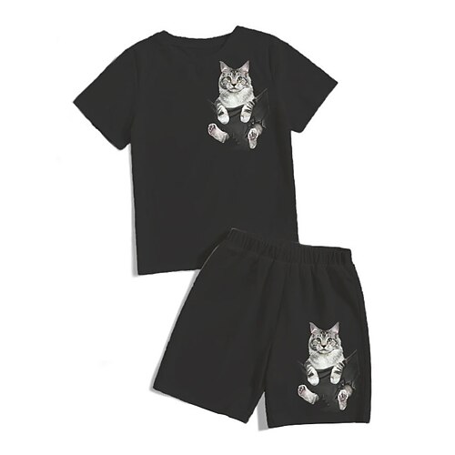 

Kids Boys T-shirt Shorts Clothing Set 2 Pieces Short Sleeve Black Cat Animal Crewneck Print Street Sports Vacation Fashion Comfort Cool Daily 3-13 Years