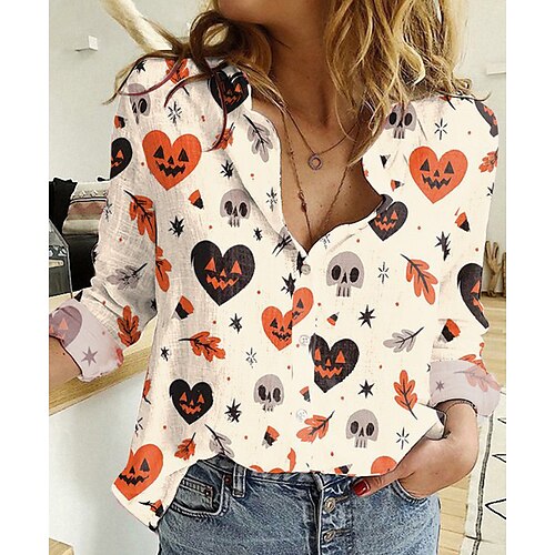 

Women's Blouse Shirt White Heart Pumpkin Button Print Long Sleeve Halloween Weekend Streetwear Casual Shirt Collar Regular S