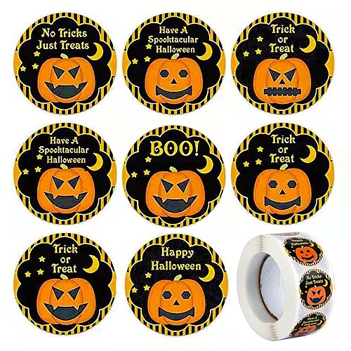 

1 inch Halloween Stickers 500pcs per Roll 8 Different Slogan Designs Halloween Sticker 3 Cartoon Pumpkin Patterns A Great Halloween Decoration for Kids Friends in Halloween