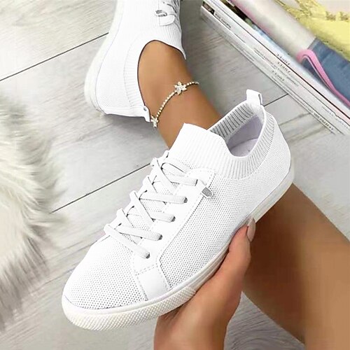 

Women's Sneakers Outdoor Daily Plus Size Flyknit Shoes White Shoes Summer Flat Heel Round Toe Sporty Casual Walking Shoes Knit Loafer Solid Colored Black Purple Yellow