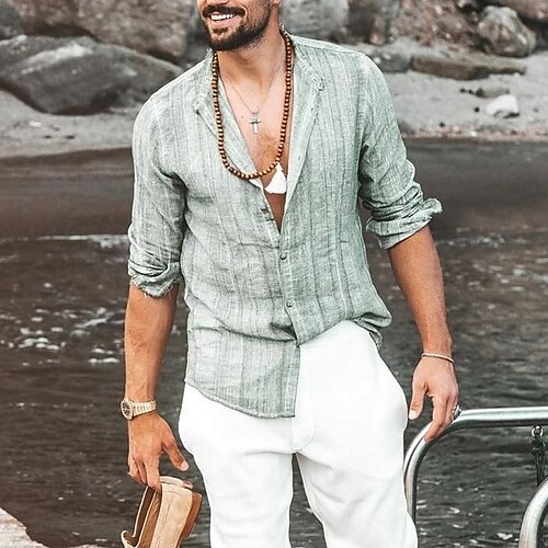 

Men's Shirt Striped Stand Collar Street Daily Button-Down Long Sleeve Tops Casual Fashion Comfortable Light Green / Beach