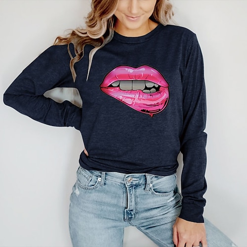 

Women's T shirt Tee Green Blue Yellow Graphic Lip Print Long Sleeve Casual Daily Basic Round Neck Regular Cotton Painting S