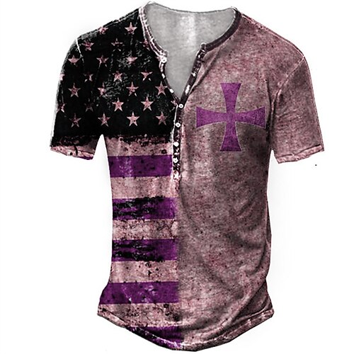 

Men's T shirt Tee Henley Shirt Tee Graphic National Flag Henley Blue Purple Brown Short Sleeve 3D Print Plus Size Outdoor Daily Button-Down Print Tops Basic Designer Casual Big and Tall / Summer