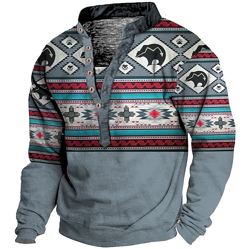 

Men's Unisex Sweatshirt Pullover Button Up Hoodie Blue Standing Collar Tribal Graphic Prints Print Casual Daily Sports 3D Print Boho Streetwear Casual Spring & Fall Clothing Apparel Hoodies