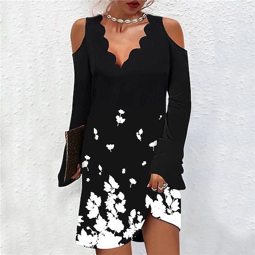 

Women's A Line Dress Short Mini Dress White Black Long Sleeve Floral Cold Shoulder Print Fall Spring V Neck Casual Loose 2022 S M L XL XXL 3XL