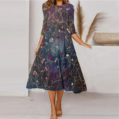 

Robe mi-longue Femme Robe casual Manches 3/4 Hiver Automne Ruché Imprimer Floral 2022 Vert Bleu Violet S M L XL XXL 3XL