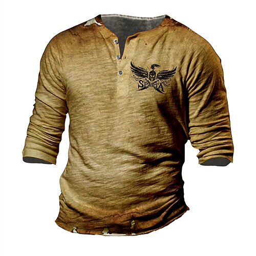 

Men's T shirt Tee Henley Shirt Tee Graphic Letter Henley Brown Long Sleeve 3D Print Plus Size Outdoor Daily Button-Down Print Tops Basic Designer Casual Classic / Summer / Spring / Summer / Sports