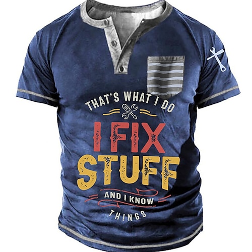 

Men's T shirt Tee Henley Shirt Tee Graphic Letter Henley Blue Short Sleeve 3D Print Plus Size Outdoor Daily Button-Down Print Tops Basic Designer Casual Classic / Summer / Summer / Sports